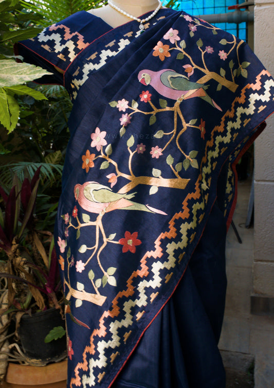Blue Matka Silk with Parrot embroidery