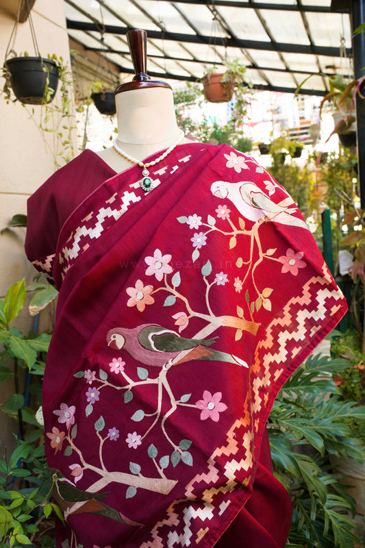 Maroon Matka Silk with Parrot embroidery