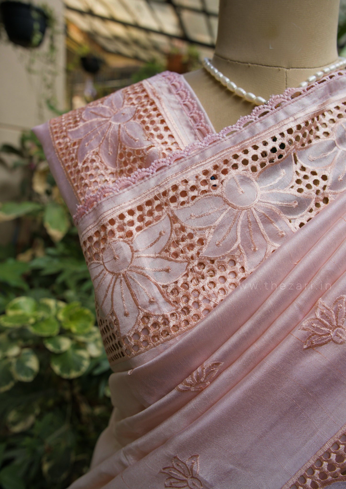 Pastel Pink Matka Silk with Aplique work