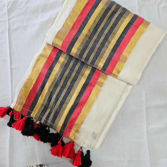 Big Border Red Golden Black Mul Cotton 120 Count Saree
