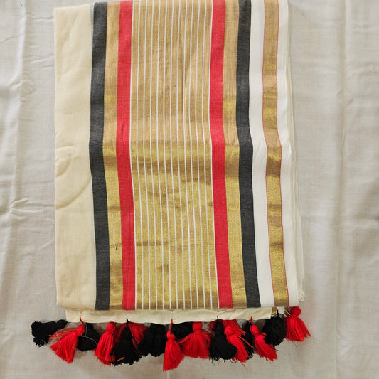 Black Red Golden Big Border Mul Cotton 120 Count Saree
