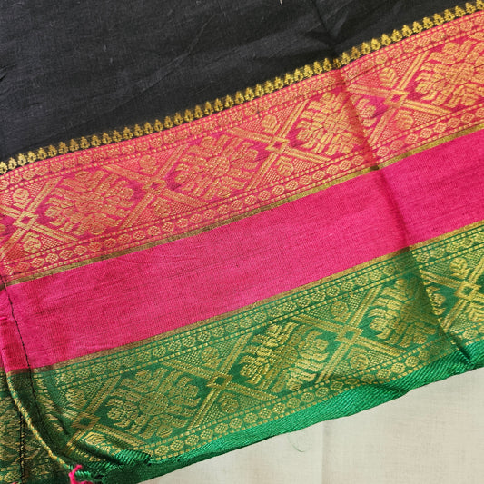 Black Mul Cotton 120 Count Saree with Kanchi Pink Green Border