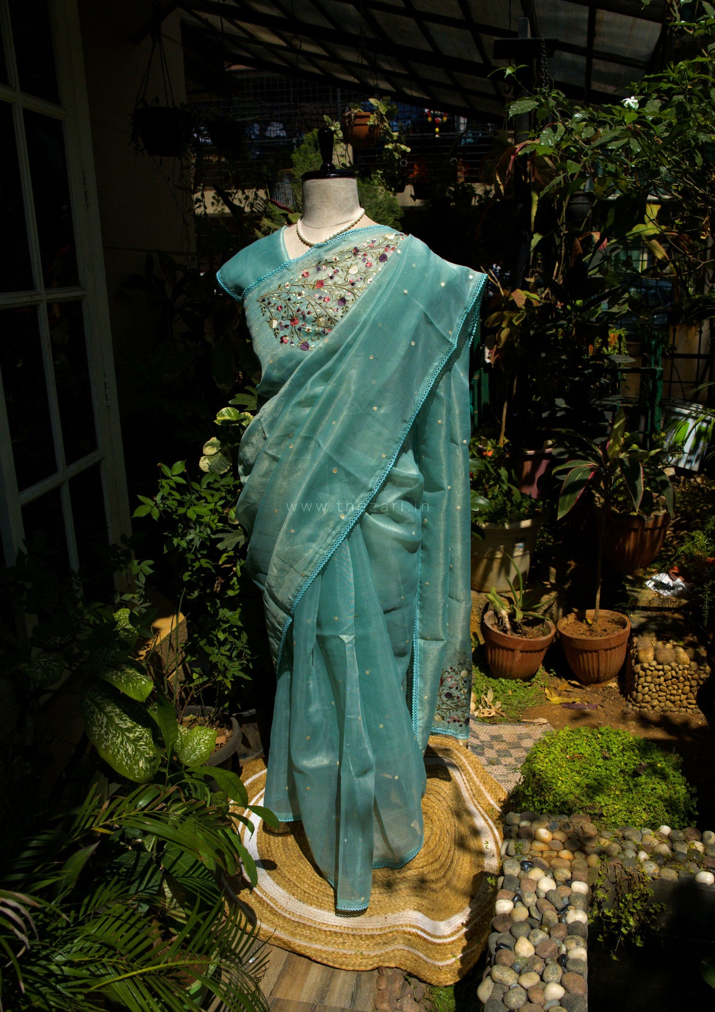 Blue Linen Tissue saree with Korean work