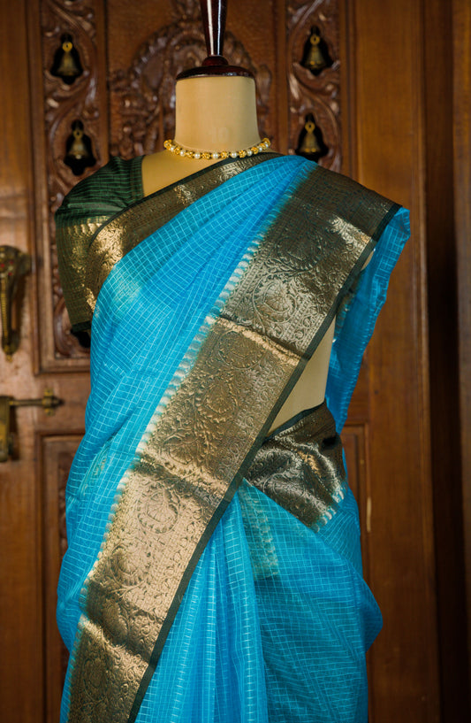 Organza Checked Blue saree