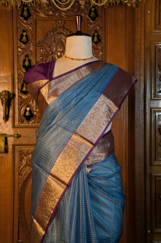 Organza Checked Grey saree