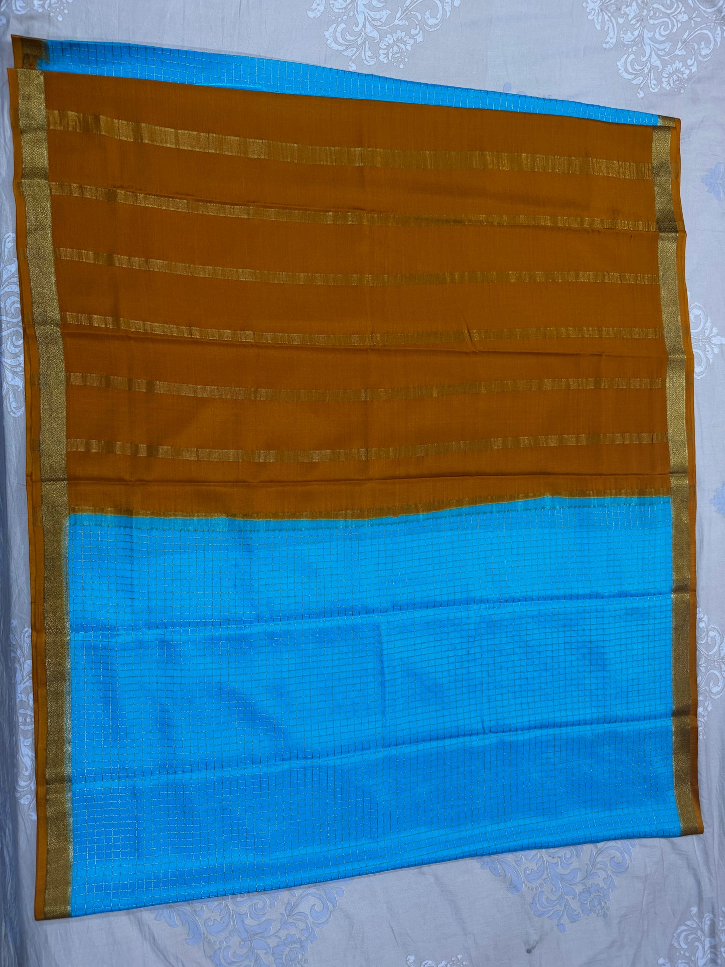 Mysore crepe silk saree in 1/2 inch checks 150 GSM - Blue, Yellow