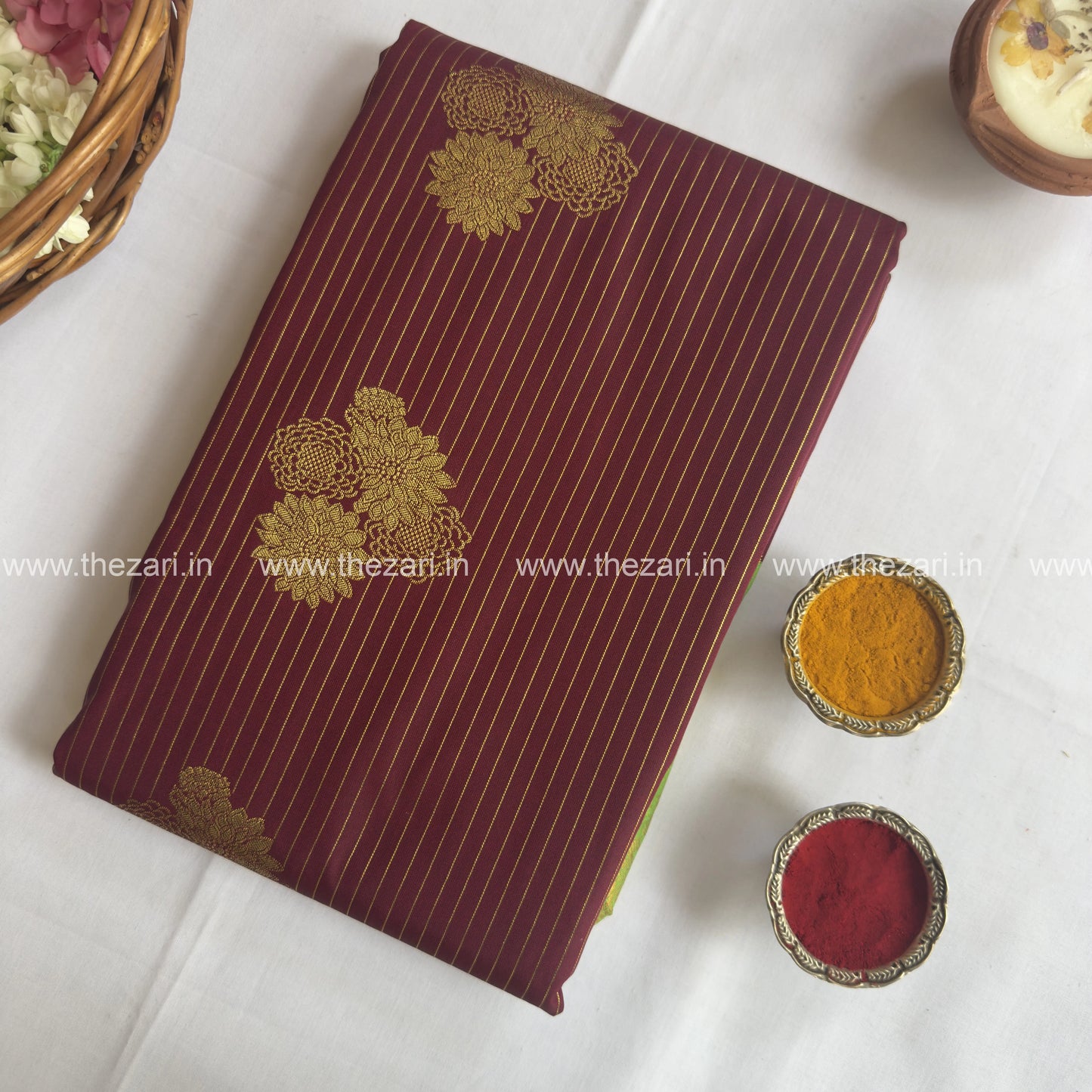 Semi kanchivaram silk saree dark maroon and green