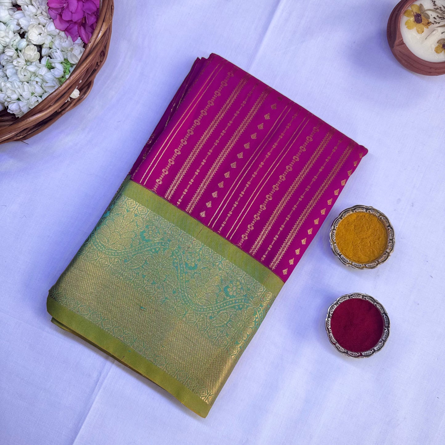 Semi kanchivaram silk saree rani pink and green