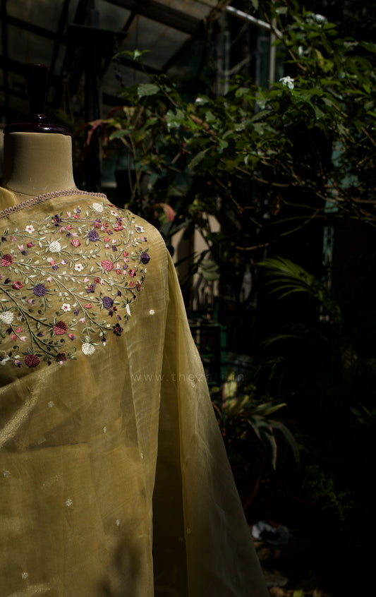 Light Yellow Linen Tissue saree with Korean work