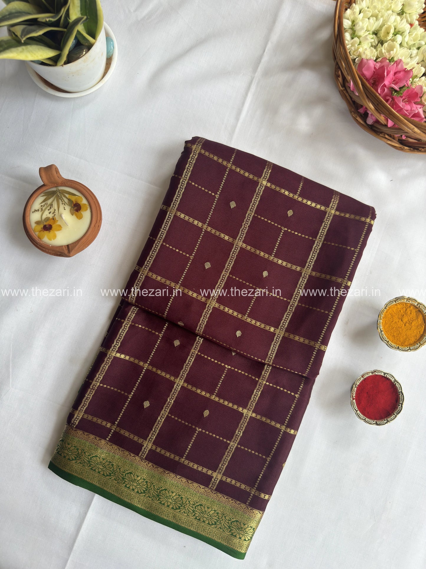 Mysore crepe silk saree in Rectangle and square Checks with butta Coffee brown and green 150 GSM