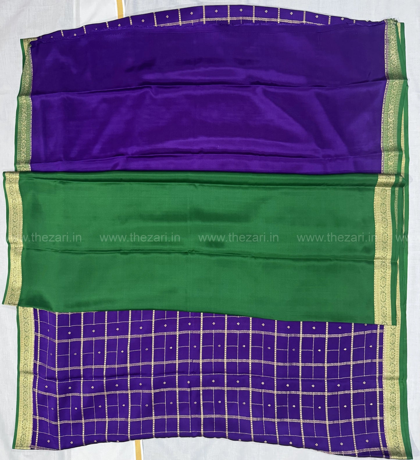 Mysore crepe silk saree in Rectangle and square Checks with butta Purple and green 150 GSM
