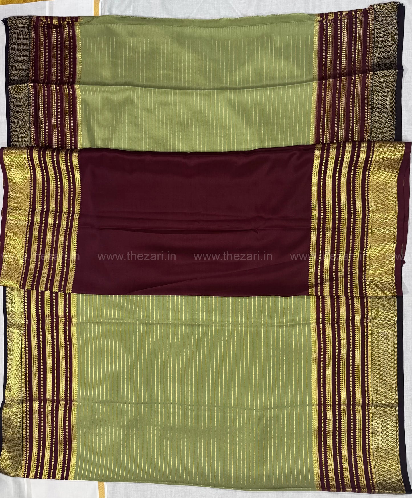 Mysore crepe silk saree in Four lines full salaree 150 GSM - Olive Green and Maroon
