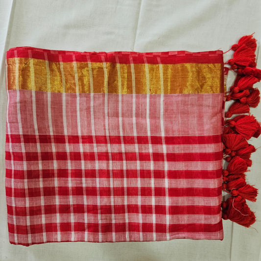 Nadiya Red Checks Mul Cotton 120 Count Saree