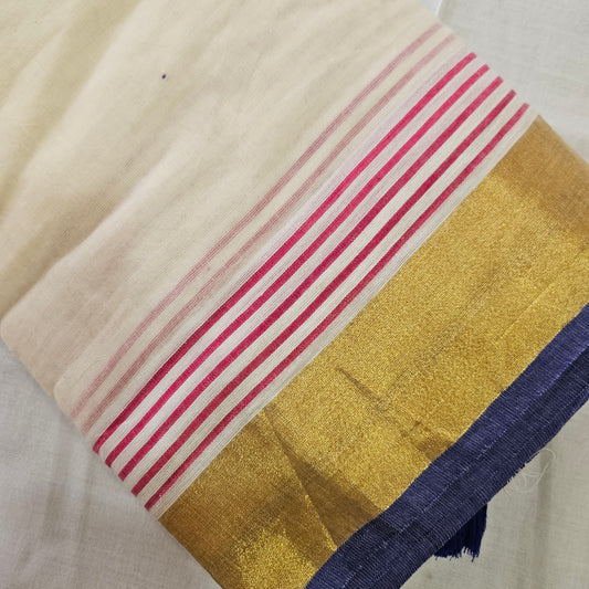 Navy Blue with Pink Lines Mul Cotton 120 Count Saree