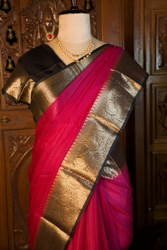 Organza Checked pink saree