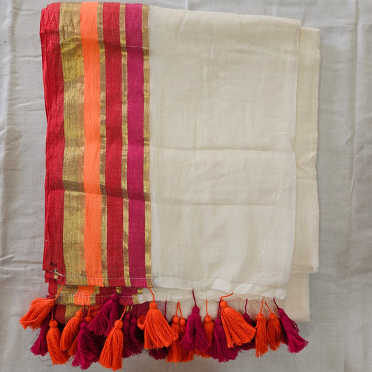 Pink Red and Orange Border Mul Cotton 120 Count Saree