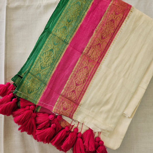 Pink and Green Kanchi Border Mul Cotton 120 Count Saree