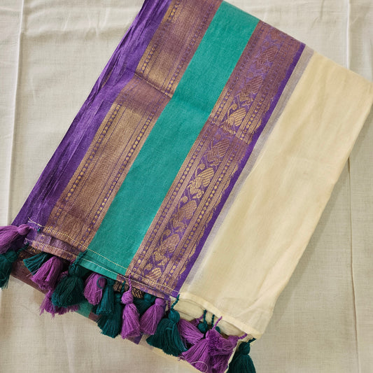 Rama Blue (Teal Blue) Kanchi Border Mul Cotton 120 Count Saree