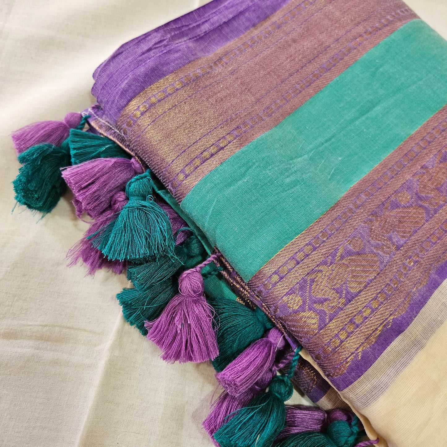 Rama Blue (Teal Blue) Kanchi Border Mul Cotton 120 Count Saree