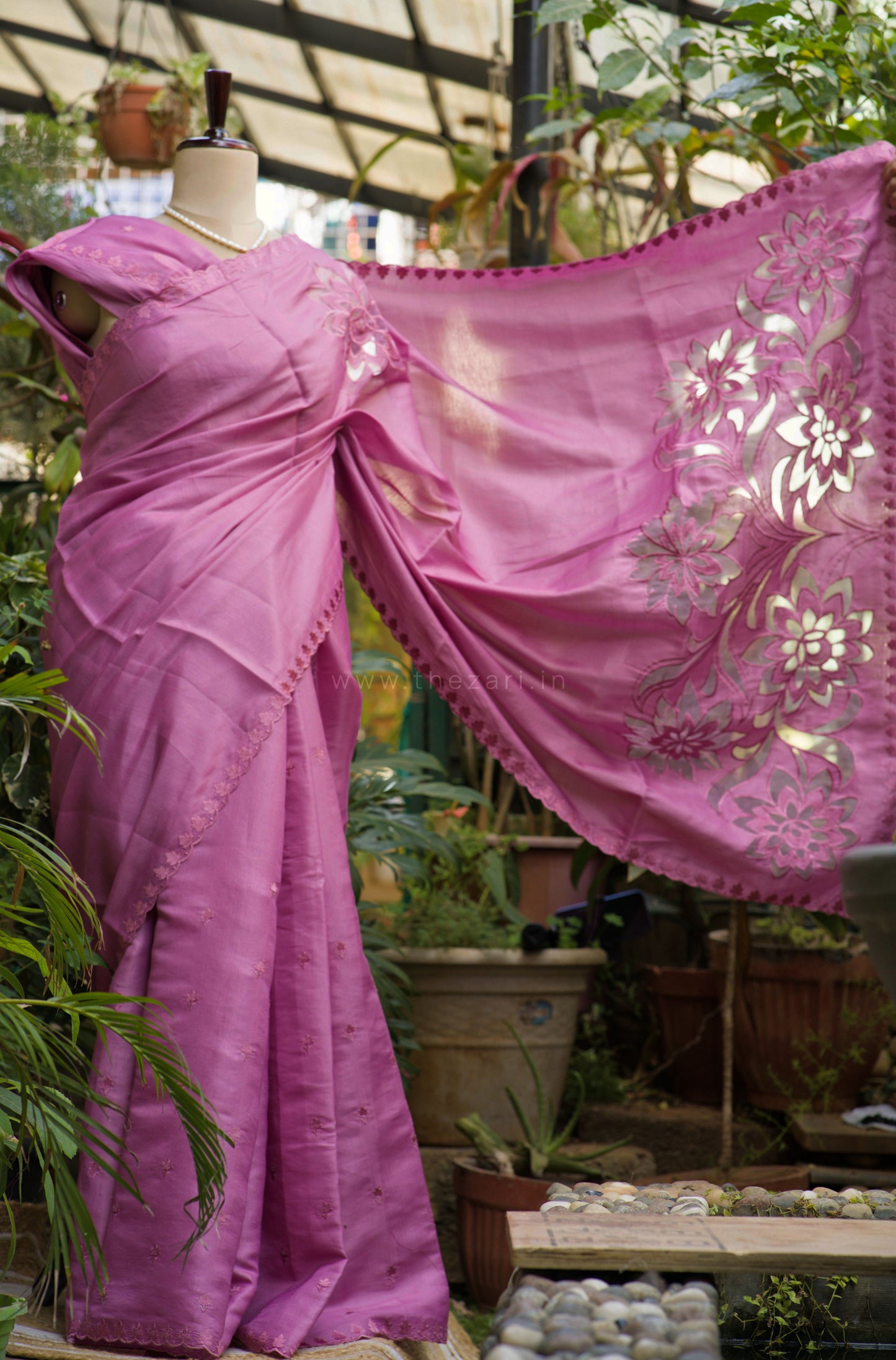 Pink Tussar Saree with Aplique work