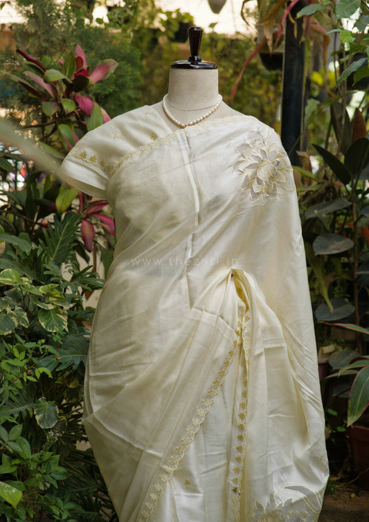 White Tussar Saree with Aplique work