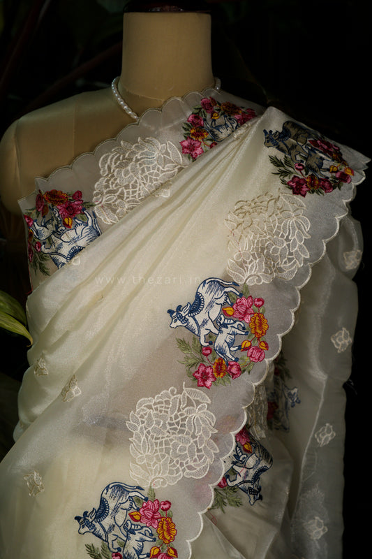 White Tissue Saree in Kamadhenu Motifs