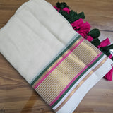 Golden Pink Green Big Border Mul Cotton 120 Count Saree