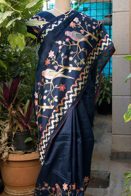 Blue Matka Silk with Parrot embroidery