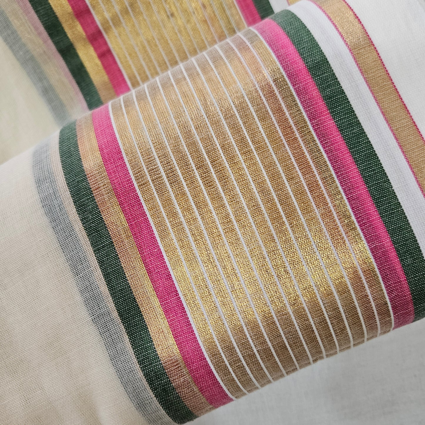 Golden Pink Green Big Border Mul Cotton 120 Count Saree
