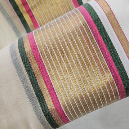 Golden Pink Green Big Border Mul Cotton 120 Count Saree