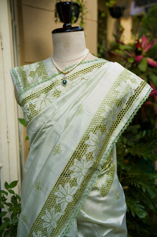 Pastel Green Matka Silk with Aplique work