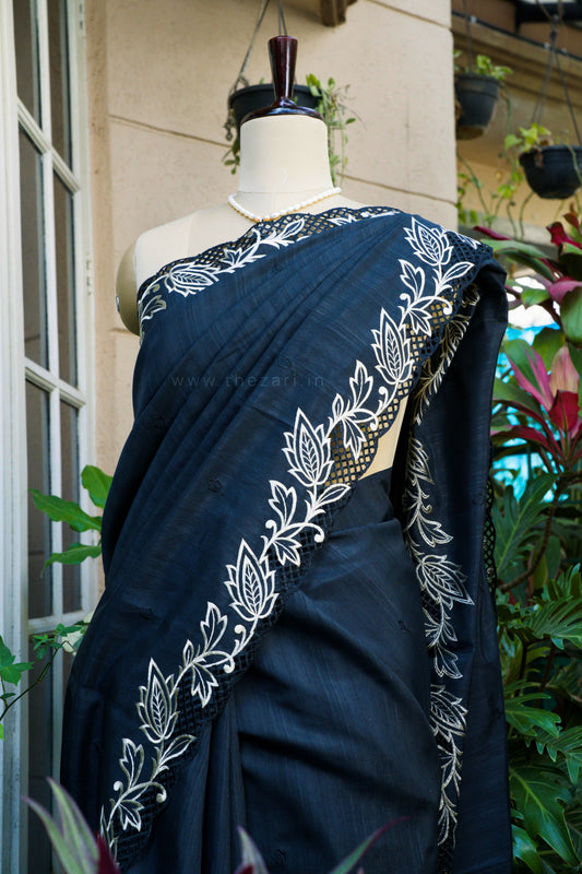 Black Matka Silk with Cut Work