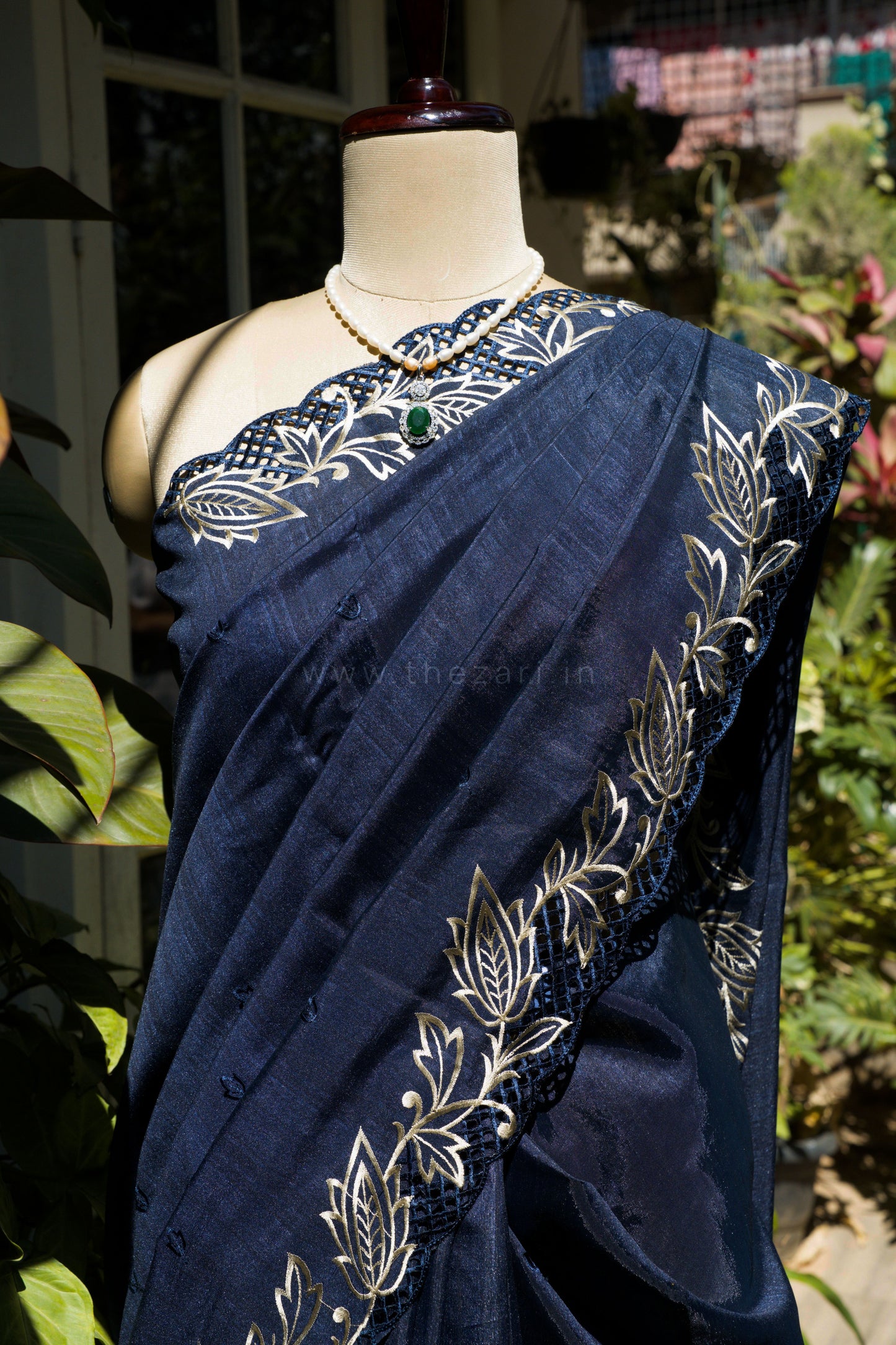 Navy Blue Matka Silk with Cut Work