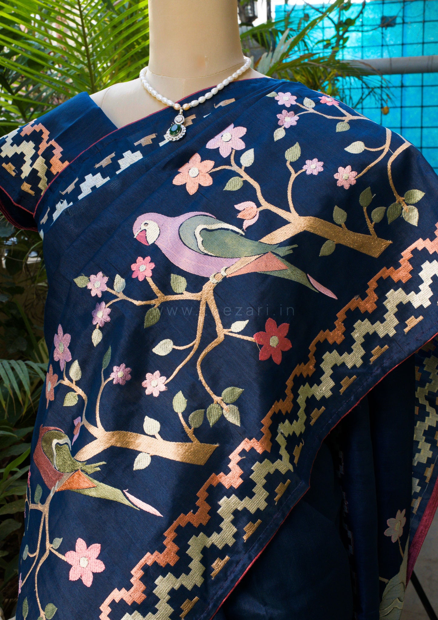 Blue Matka Silk with Parrot embroidery