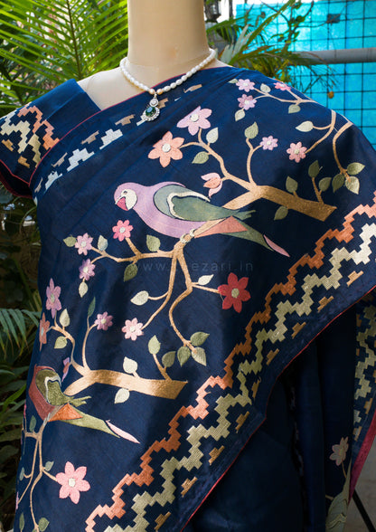 Blue Matka Silk with Parrot embroidery