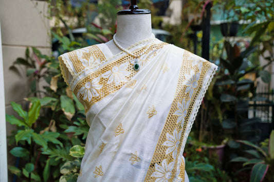 Pastel yellow Matka Silk with Aplique work