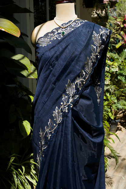 Navy Blue Matka Silk with Cut Work