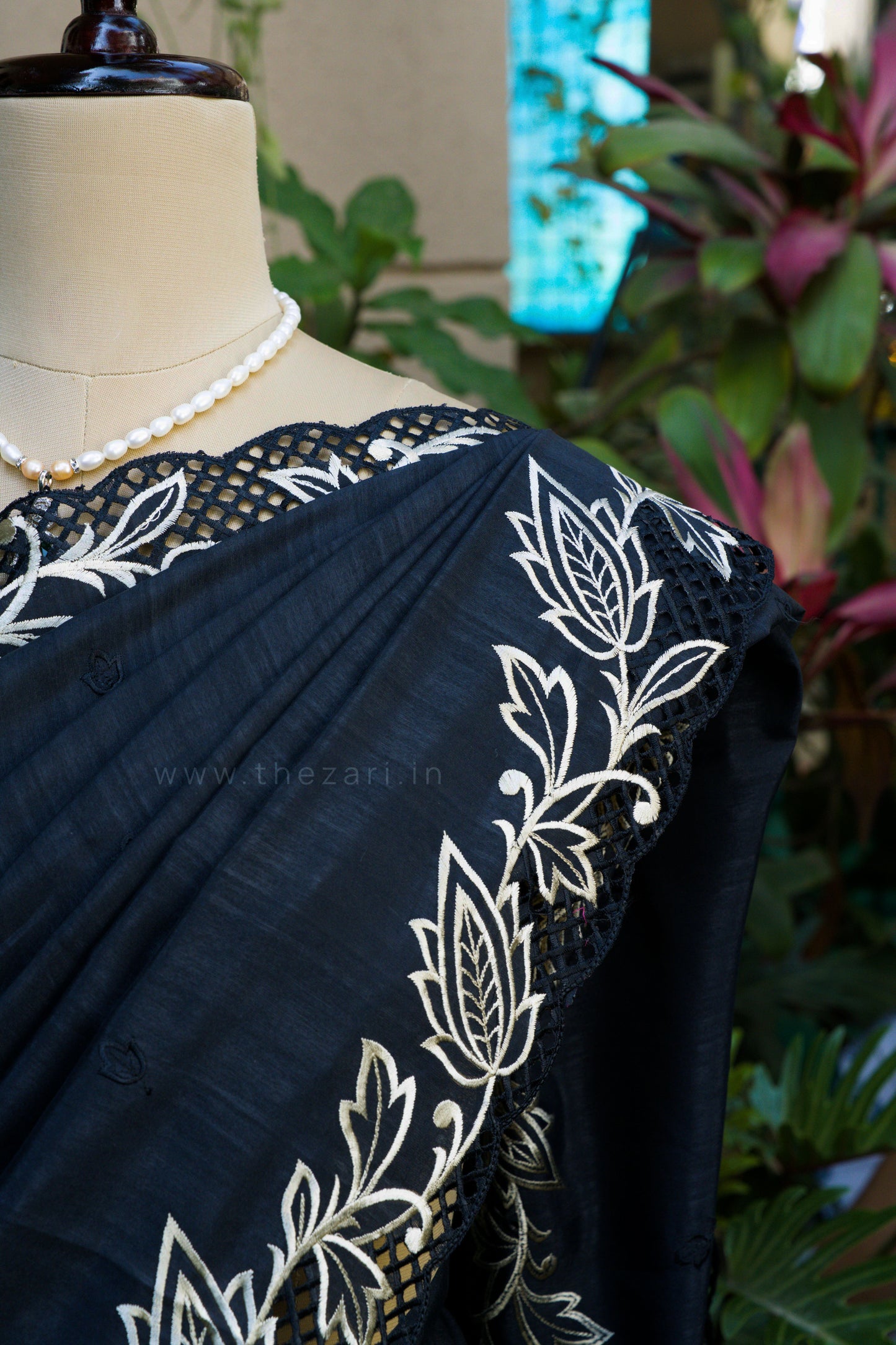 Black Matka Silk with Cut Work