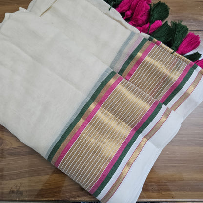 Golden Pink Green Big Border Mul Cotton 120 Count Saree