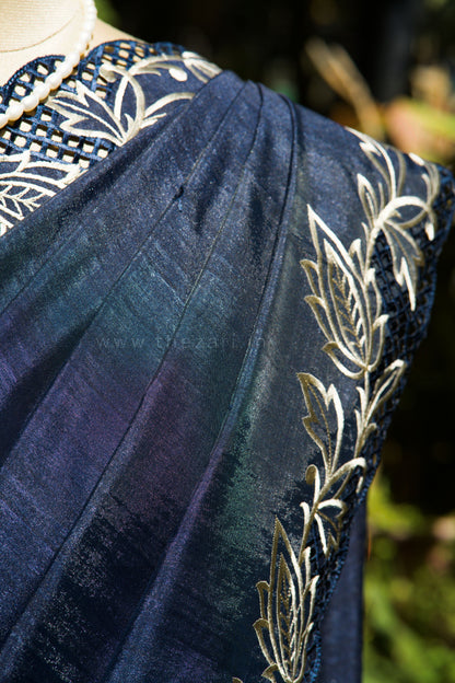 Navy Blue Matka Silk with Cut Work