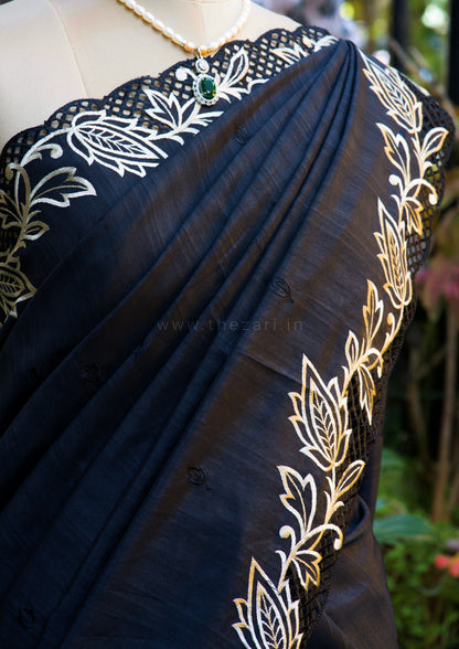 Black Matka Silk with Cut Work