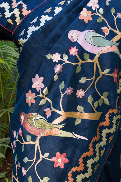 Blue Matka Silk with Parrot embroidery