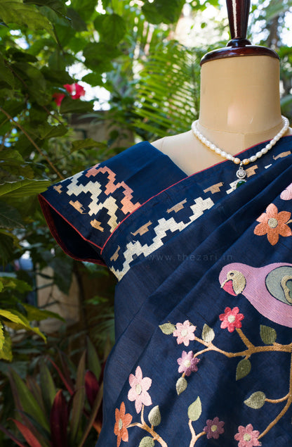 Blue Matka Silk with Parrot embroidery