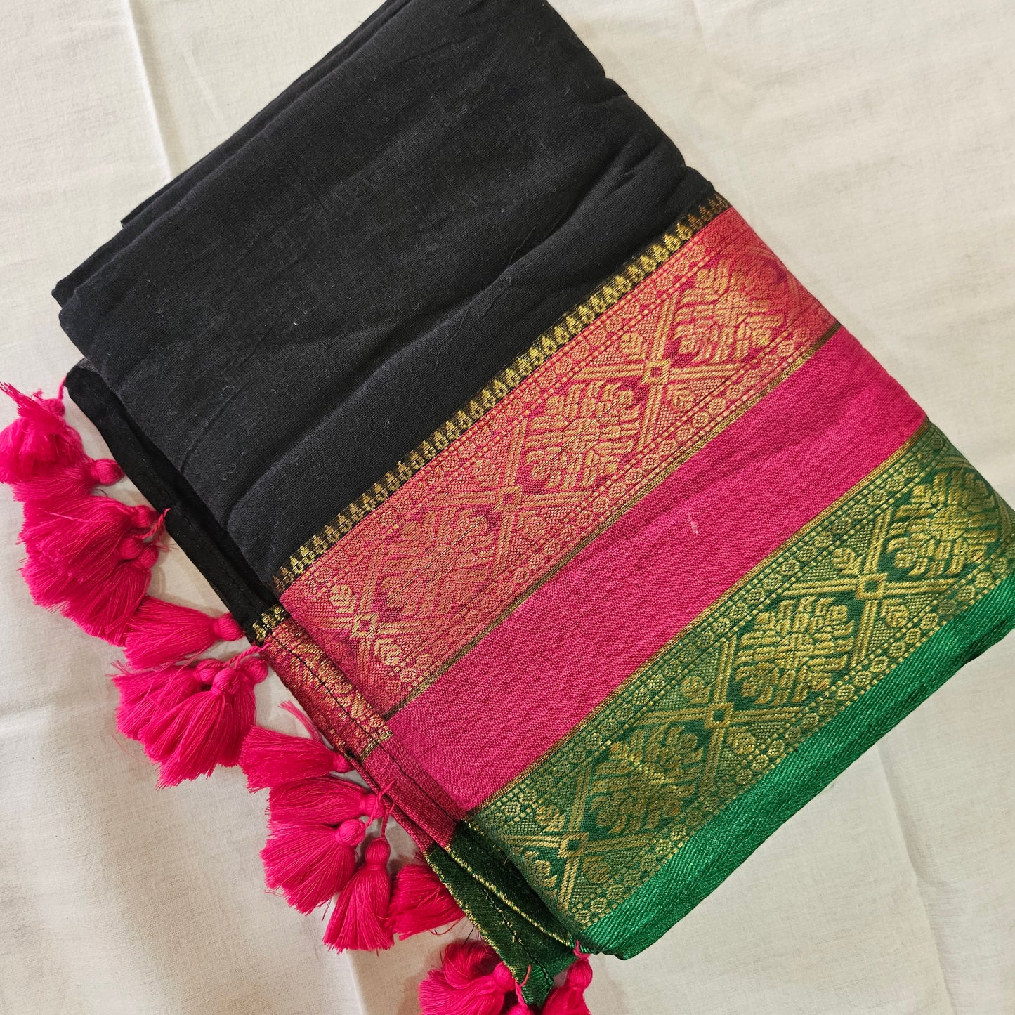 Black Mul Cotton 120 Count Saree with Kanchi Pink Green Border