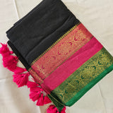Black Mul Cotton 120 Count Saree with Kanchi Pink Green Border