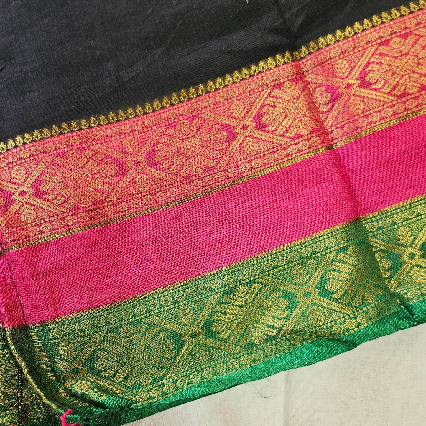Black Mul Cotton 120 Count Saree with Kanchi Pink Green Border