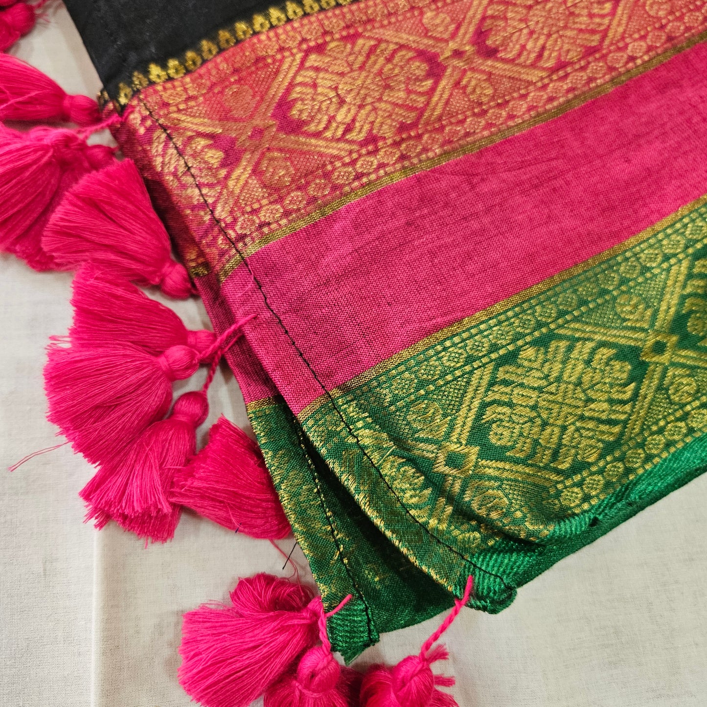 Black Mul Cotton 120 Count Saree with Kanchi Pink Green Border