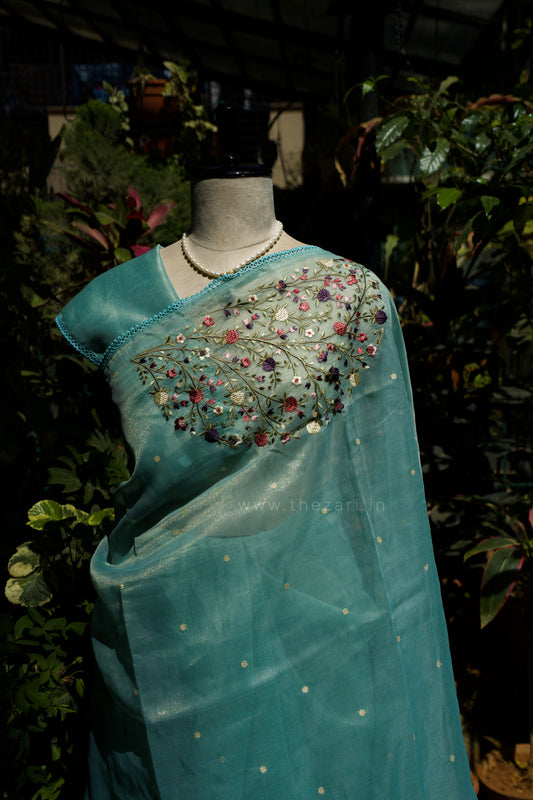 Blue Linen Tissue saree with Korean work