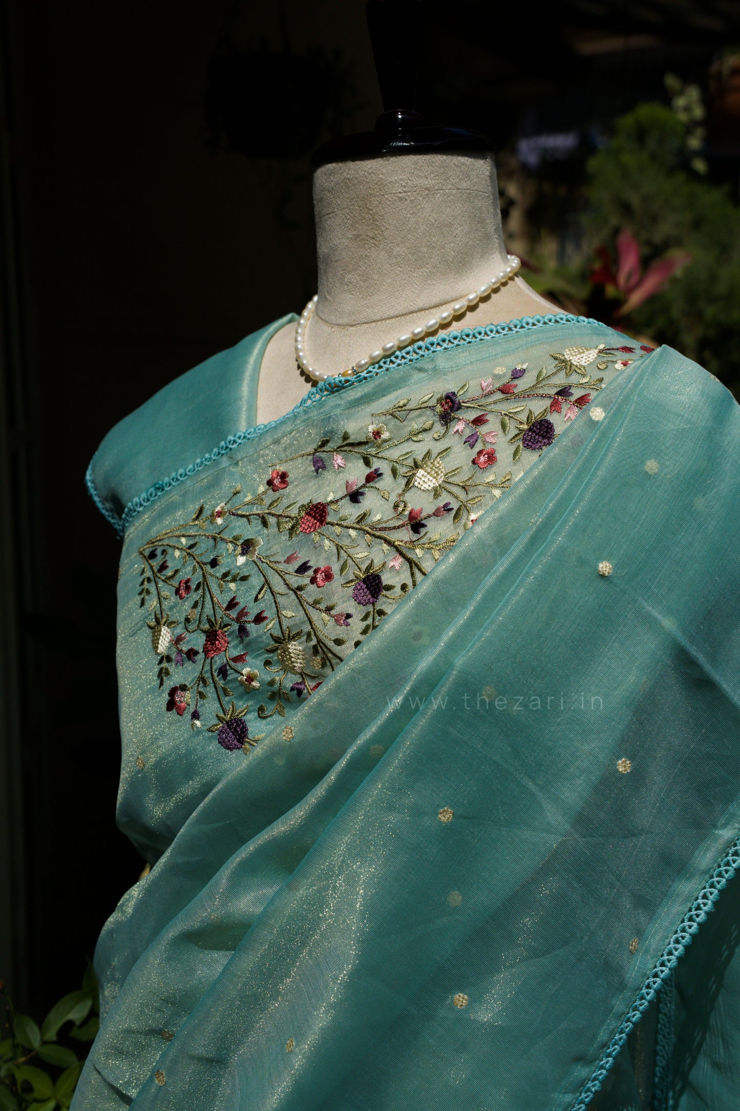 Blue Linen Tissue saree with Korean work