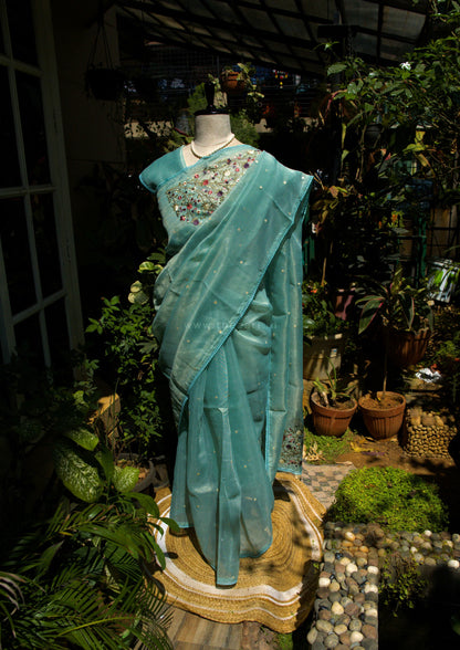 Blue Linen Tissue saree with Korean work